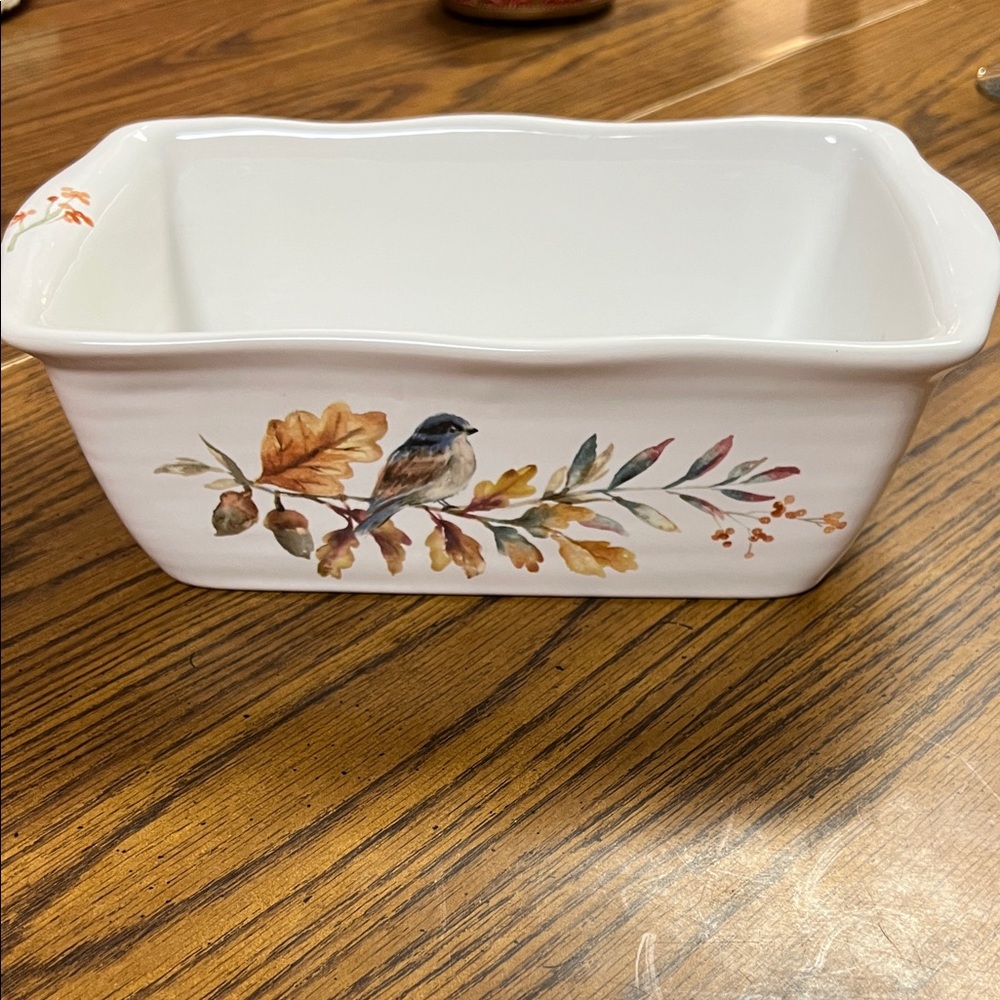 Southern Living Ceramic Loaf Pan with Bird and Leaf Motif